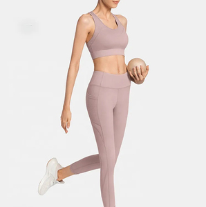 Women 2 Piece Yoga Set Racerback Crop Top High Waist Full Length <b>Leggings</b> Solid Color Seamless Spandex Polyester Workout Wear - Product Image 3