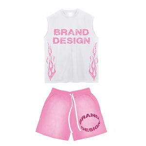 Ensemble gilet et short pour homme, 100% coton respirant, sans manches, délavé à l'acide, avec strass, impression personnalisée - Product Image 6