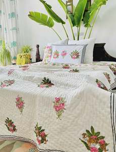 Rajasthani Handmade Sherni Hand Block Print Reversible <b>Quilt</b> 200 GSM Cotton Filling Hand Stitched 90 X108" Luxury <b>Bedding</b> <b>Quilts</b> - Product Image 4