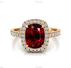 Solid 14K Gold Long Cushion Cut Red Garnet January Birthstone Ring Classic Design Natural Diamond Ring Fine Jewelry Wedding Ring