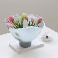 Bol en verre soufflé à la main Bixuan, bleu glace nuageux, grand bol à pied avec bord ondulé, pour fruits, centre de table décoratif, décoration intérieure