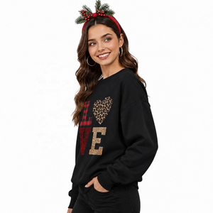 เสื้อสเวตเตอร์ผู้หญิงสีดำพิมพ์ลายกลิตเตอร์ คอกลม แขนยาว สไตล์ลำลองสำหรับฤดูหนาว  ถักนิตติ้ง  ลายหัวใจเสือดาว - Product Image 3