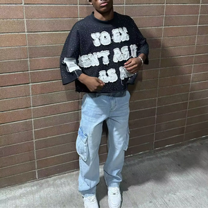 T-shirt pour homme 2026, 100% coton, T-shirt lourd, broderie usée, patch en strass, T-shirt court pour homme - Product Image 3