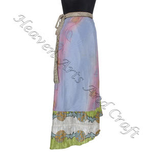 Vente en gros de jupe portefeuille en soie, vêtements japonais pour femmes, jupe enroulée longue en soie vintage Sari réversible à 2 couches Bohème - Product Image 3