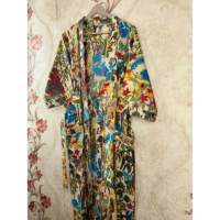 Robe kimono ample à imprimé floral bohème, col en V, manches trois quarts, en polyester et coton tissé respirant