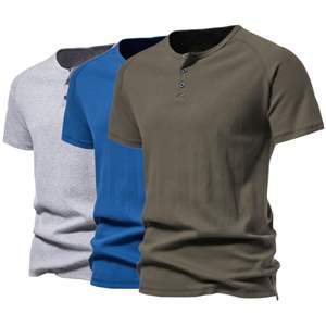Camiseta al por mayor de talla grande deportiva de manga corta estilo retro americano de algodón con cuello Henley bordado para hombre con logotipo personalizado OEM - Product Image 1