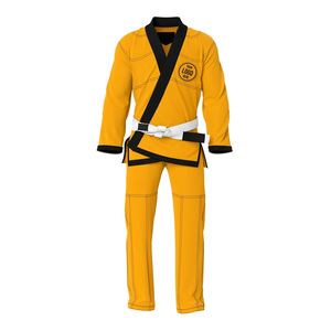 Uniforme de Jiu-Jitsu jaune avec bordure noire et ceinture blanche pour adultes, unisexe, coupe régulière, logo sur le devant - Product Image 1