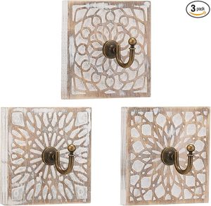 Vintage White Distressed Square Wood Coat <b>Hooks</b> Farmhouse Style Wall <b>Hooks</b> for Clothing Flower Decorative Key <b>Towel</b> Bag Rack - Product Image 3