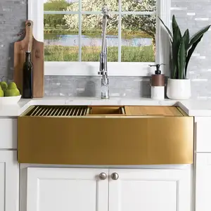 Matte Gold Handmade Stainless Steel 33 Inch Double Bowl Apron Front Farmhouse Kitchen Sink Manufacturer Supplier Wholesale