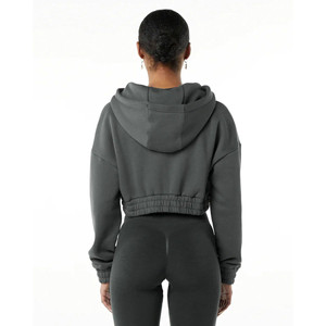 Sweat à capuche court classique pour femme, 55% coton, 45% élasthanne, style épaules tombantes, coupe ample, coupe courte, fumé avec broderie 3D - Product Image 4
