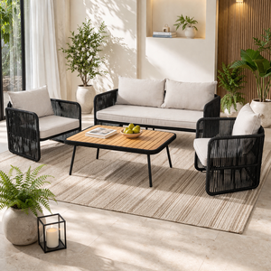 Modern Acacia Wood Outdoor Garden <b>Sofa</b> Set Durable Steel Rope Cushions UV Resistant Eco-Friendly Washable <b>Waterproof</b> Villas - Product Image 2