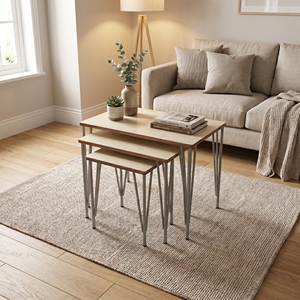 Juego de mesas de centro modernas con superficie de madera y patas de metal tipo horquilla, mesas auxiliares para sala de estar, muebles para el hogar - Product Image 5