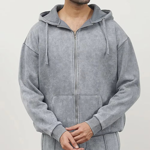 100% Cotton Yarn Dyed Acid Wash <b>Fleece</b> <b>Hoodie</b> for Men Solid Zipper OEM Service Winter - Product Image 1
