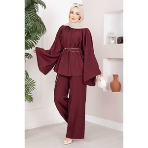 Ensemble Tunique et Short en Crêpe Bordeaux Élégant avec Ceinture Chaîne, Coupe Ample Décontractée, Automne & Printemps, Haut et Pantalon Tissés, Taille Unique (XS) - Product Image 3