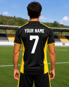 Maillot de football personnalisé noir et jaune bicolore, impression par sublimation du nom et du numéro, uniforme d'équipe, séchage rapide, vente en gros OEM - Product Image 5