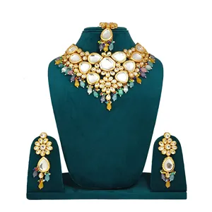 Conjunto de collar victoriano chapado en oro de 24 quilates con Kundan multicolor y Maang Tikka para bodas, joyería nupcial fina. - Product Image 1