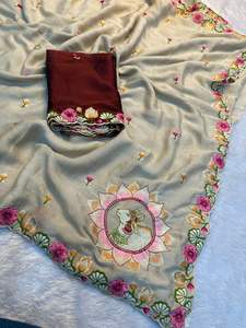 Sari en soie lourde, douce et crépue, de créateur, avec broderie complète, en stock en Inde, pour les mariages, les fêtes et les festivals féminins - Product Image 4