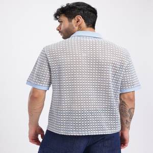 Camiseta relajada semitransparente de punto de tejido abierto para cuello de Polo, cierre de botón de punto, mangas cortas, suministro ODM sólido hecho en India - Product Image 6