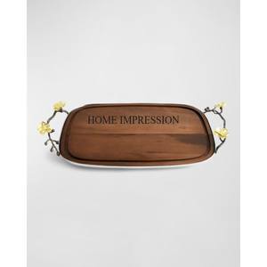 ถาดไม้อะคาเซียทรงสี่เหลี่ยมผืนผ้าหรูหราพร้อมใบไม้ขัดเงาสีเงินและที่จับโลหะดีไซน์รูปผลไม้ - Product Image 3