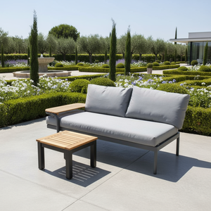 Canapé d'extérieur minimaliste moderne à cadre en bois d'acacia gris avec table d'appoint en bois pour patio, jardin ou centre de villégiature - Product Image 3