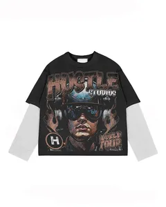 Streetwear de luxe T-shirt surdimensionné à double couche à épaules tombantes T-shirt graphique à double manches avec logo délavé à l'acide à col rond - Product Image 3