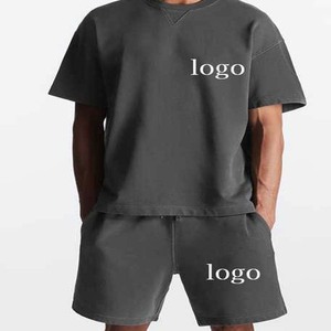 Survêtement décontracté à manches courtes et col rond pour hommes, ensemble de sport d'été avec fermeture à la taille élastique - Product Image 1