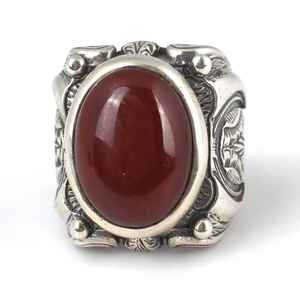 Anillo de Plata de Ley 925 para Hombre, Hecho a Mano, con Piedra de Ágata Roja Ovalada, Patrón Geométrico, Baño de Rodio, 24gr - Product Image 3