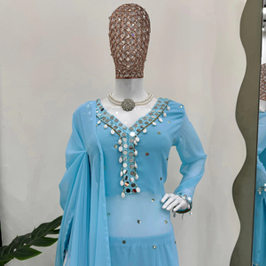 Đẹp hàng đầu-plazzo và dupatta với chủ đề với chuỗi với gương thực và KODI Ren biên giới - Product Image 1