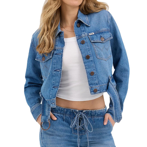 Chaqueta vaquera informal de algodón con logotipo personalizado para mujer, chaqueta holgada con botones, azul cielo, Color personalizado, transpirable, al mejor precio - Product Image 1