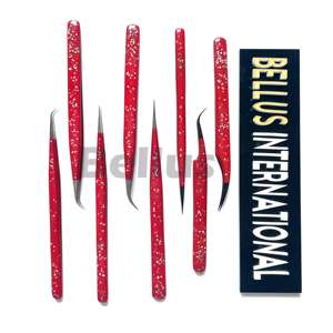 Pinzas de pestañas Rojas personalizadas Punta de fibra Pinzas de extensión de pestañas de acero inoxidable Herramienta de belleza con logotipo privado - Product Image 4