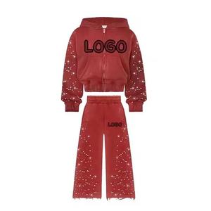 Personalizado ácido Rhinestone lavado hombres mujeres con capucha polar Chenille bordado y bolsillos invierno sudadera con pantalones de chándal conjunto - Product Image 1