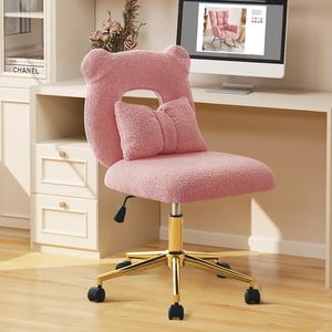 Pink Cute Desk Armchair Gold Base <strong>Chair</strong> 360 Swivel Furry Makeup <strong>Vanity</strong> <strong>Chair</strong> <strong>with</strong> Wheels &amp; <strong>Back</strong> - Product Image 1
