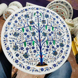 Assiette ronde en marbre blanc de luxe, artisanale, incrustée de lapis-lazuli, motifs floraux, design personnalisé, exportateur indien aux meilleurs prix - Product Image 2