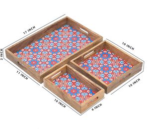 Ensemble de 3 plateaux de service en bois à motifs floraux multiples, faits à la main en bois de manguier, organisateur de cuisine, ensemble cadeau durable pour un usage domestique - Product Image 2