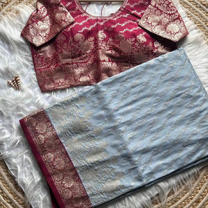 Sari de seda Dola pura de diseñador con borde de tejido Zari, Fiesta tradicional india y función de boda. - Product Image 1