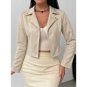 Veste en daim courte à col et manches longues pour femme, avec détails boutonnés, 37994 - Beige - Product Image 1