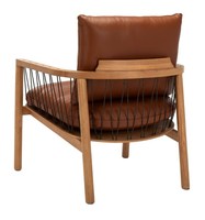 Fauteuil lounge moderne en teck finition naturelle avec coussin en cuir PU et corde tressée pour salon, appartement, hôtel, extérieur, villa