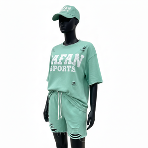 ชุดเสื้อยืดและกางเกงขาสั้นผ้าฝ้ายเจอร์ซีย์สำหรับผู้หญิง คุณภาพพรีเมียม เนื้อผ้าระบายอากาศ สีพื้น ลายสกรีนวินเทจ ผ้าฝ้าย 100% - Product Image 4