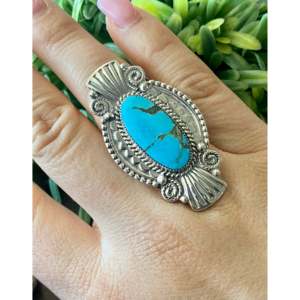 Navajo Handmade Kingman Turquoise & Sterling <b>Silver</b> <b>Statement</b> <b>Ring</b> Size 8.5 Gemstone Inlay with Natural Stone Everyday Wear - Product Image 2