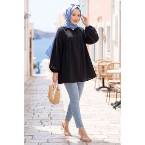 Tuniques en tricot noires à manches bouffantes et froncées pour femmes - Product Image 1
