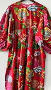 Robe mi-longue décontractée 100% coton pour femmes imprimé de blocs floraux col profond chaîne plus proche Silhouette ample doublure en coton tissé Mini robe - Product Image 6