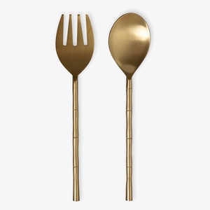 Wedding Table Gold Metal Salad Server Set for Banquets, Elegant Golden <b>Serving</b> <b>Spoon</b> Fork Set with Wooden Handle for Events - Product Image 3