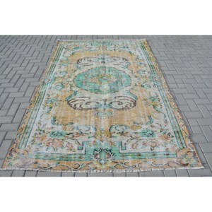 Classic Vintage Turkish Rug 5.5 X 8.3ft Handmade Blue <b>Yellow</b> Patchwork Design for Living Room New <b>Wool</b> with Latex Backing - Product Image 1