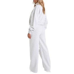 Women <b>Two</b> <b>Piece</b> Cotton Fleece <b>Lounge</b> <b>Set</b> Cropped Zip Top and Relaxed Sweatpants for Wholesale Apparel Buyers - Product Image 2