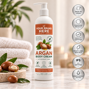 Crema Corpo all'Olio di Argan 400ml con Etichetta Privata OEM |   Con Olio di Argan e Vitamina E |   Cura del Corpo Naturale e Vegana |   Prodotto in Spagna UE - Product Image 1