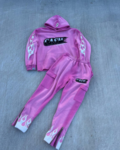 Ensemble survêtement personnalisé effet vieilli avec strass imprimés et surpiqûres contrastées, pantalon de survêtement évasé et sweat à capuche pour homme - Product Image 2