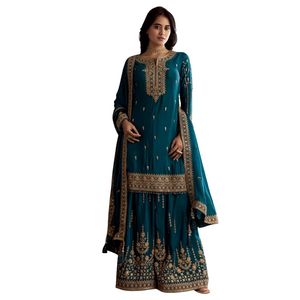 Verde azulado Zari con cuentas Kurta Palazzo Dupatta conjunto con lentejuelas venta al por mayor mujeres Ropa Étnica OEM fábrica de ropa suministro de ropa - Product Image 2