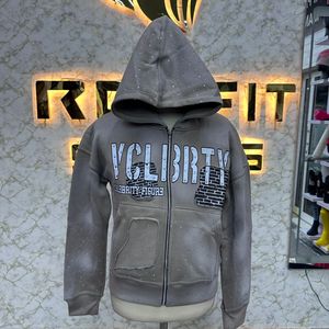 Sudadera con capucha desgastada con cremallera personalizada con estampado fino, chaqueta con cremallera con diamantes de imitación, lavado ácido, ropa de calle de lana lavada Vintage para hombres - Product Image 1