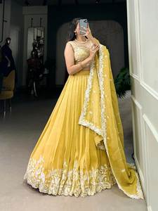 High Lighted Bride Wear Yellow Color Moti& <b>Stone</b> Work Gold Crush Fabric Trending Heavy Flair Lehenga Choli Set At Low Budget - Product Image 2