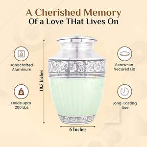 <b>Large</b> Handcrafted Green and Silver Cremation <b>Urn</b> for Adult Ashes Engraved Decorative Funeral and Burial <b>Urn</b> for Pets and Humans - Product Image 4